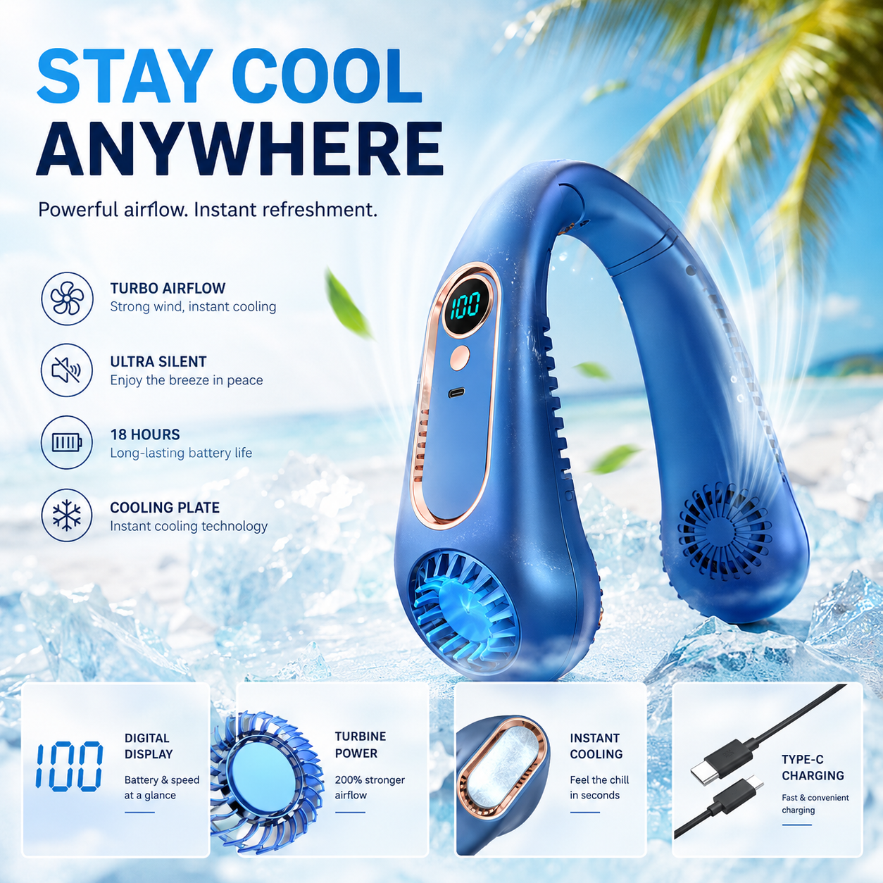 ChillHaven AirWrap Pro wearable neck fan - stay cool anywhere, turbo airflow, ultra silent, 18-hour battery, instant cooling plate
