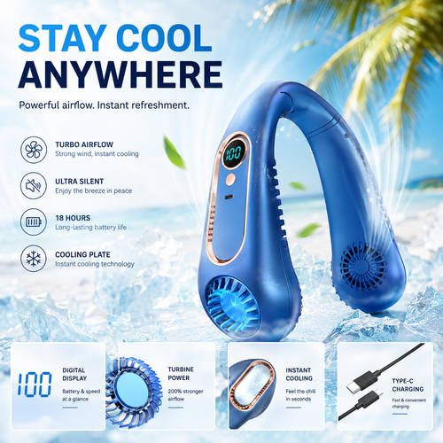 ChillHaven AirWrap Pro wearable neck fan - stay cool anywhere, turbo airflow, ultra silent, 18-hour battery, instant cooling plate
