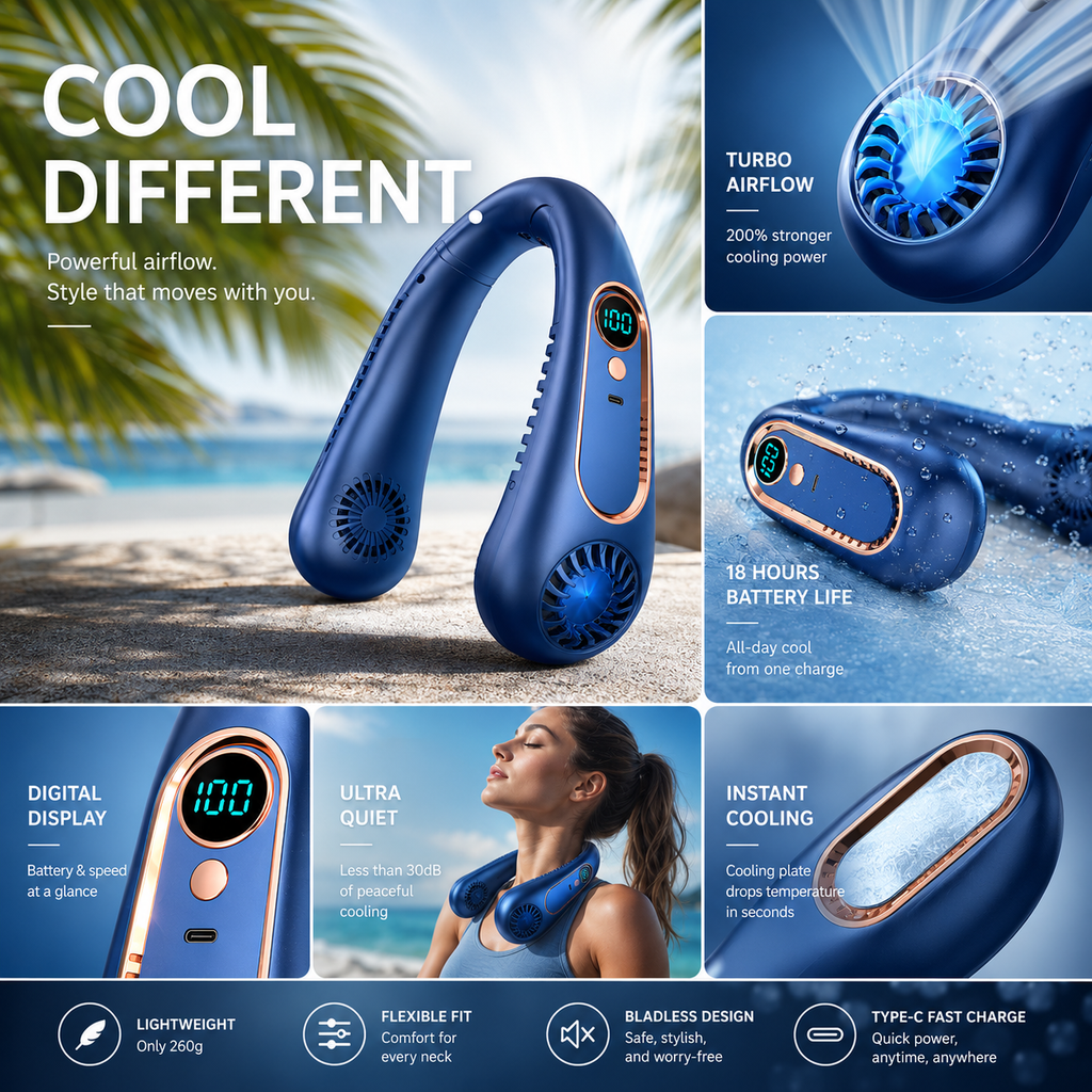 ChillHaven AirWrap Pro bladeless neck fan - turbo airflow 200%, 18-hour battery, ultra quiet cooling, lightweight wearable fan