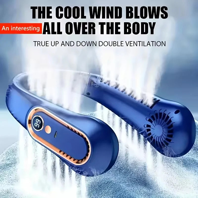 ChillHaven AirWrap Pro bladeless wearable neck fan in blue with 360° dual airflow ventilation
