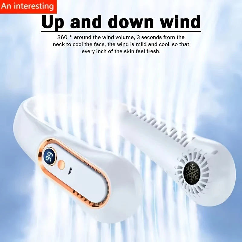 ChillHaven AirWrap Pro white bladeless neck fan showing 360° up and down airflow for all-day cooling